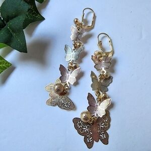 Gold Filled Tri Color Butterfly Dangle Earrings